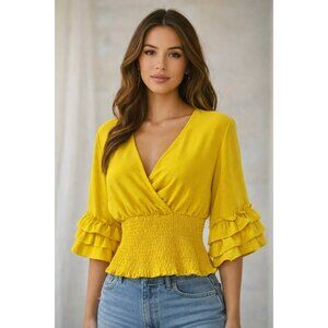 Altard State Yellow Smocked Waist Ruffle Sleeve Wrap Top Medium